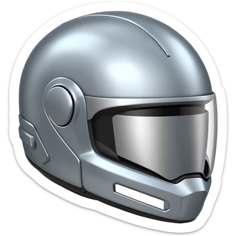 A futuristic helmet emoji made of silver chrome, smooth aerodynamic shape, minimal visor detail, reflective metallic surface, sci-fi aesthetic, iOS emoji style, centered on clean white background sticker
