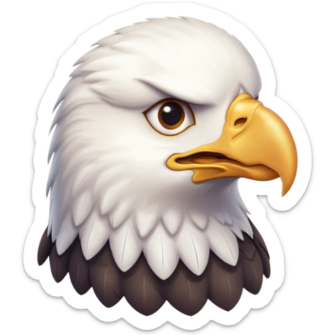 Cinematic Cute American Eagle Portrait Emoji, Head tilted playfully and inquisitively, featuring a streamlined form with a subtle blend of dark and white plumage and round, sparkling eyes full of spirited charm, Simplified yet irresistibly adorable features, highly detailed, glowing with a warm, inviting glow, high shine, affectionate and lively, stylized with a touch of whimsical aerial grace, soft glowing outline, capturing the essence of a mischievous yet endearing American eagle that seems as if it could glide out of the screen into your heart! sticker