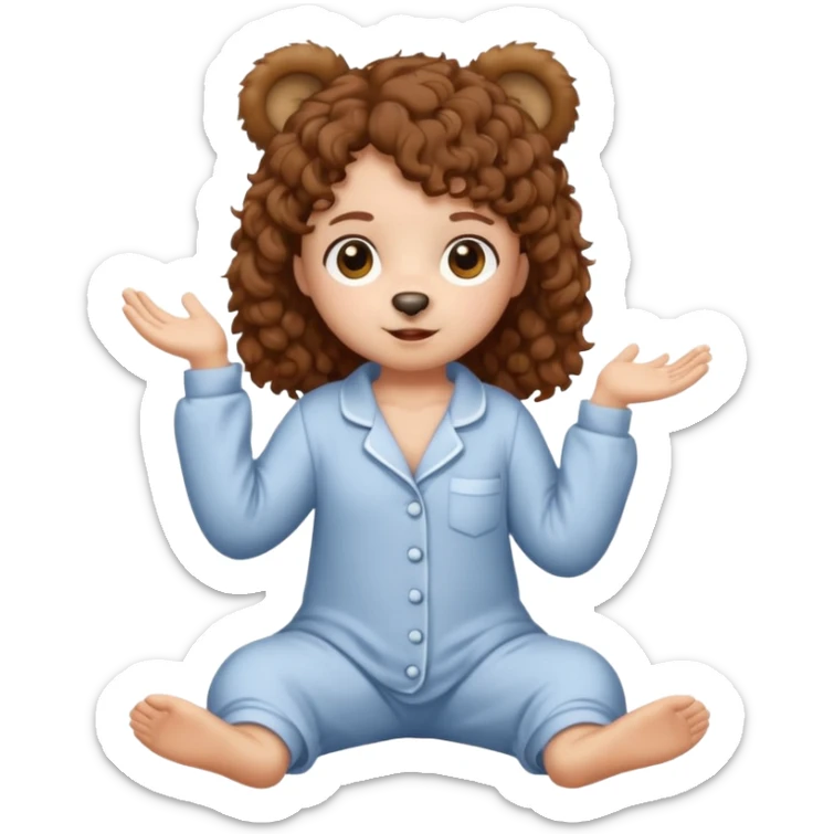 brown eyes, brown curly hair, white skin, full body in cute pijama bear sticker