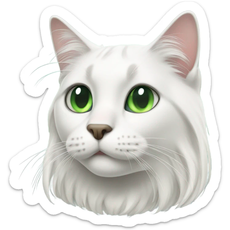 white long hair green eyed cat with black right ear sticker
