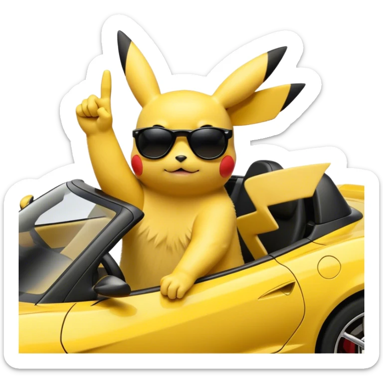 Pikachu in a yellow corvette with black sunglasses on and doing the peace sign  sticker