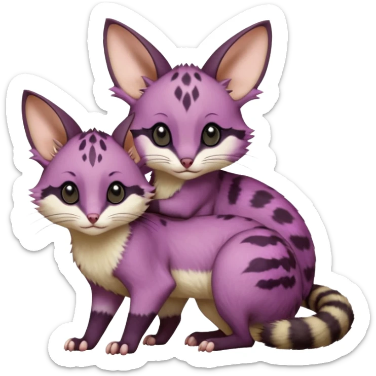 Magenta, purple-pointed, soft realistic romantic vintage antique divine beautiful elegant pretty precious cute young youthful  Fakémon-Pokémon-opossum-feline-mouse-serval-caracal-chinchilla-Minccino-Cinccino-Meowstic-rodent-hybrid-creature with a big fluffy bushy tail (full body) sticker