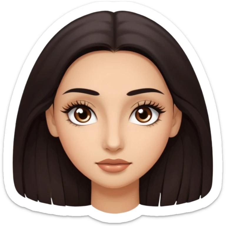 Rostro de forma ovalada con facciones delicadas. Ojos grandes y expresivos de color café oscuro, con pestañas largas y definidas. Cejas oscuras, pobladas y bien formadas color de piel trigeña y cabello largo con cuerpo delgado  sticker