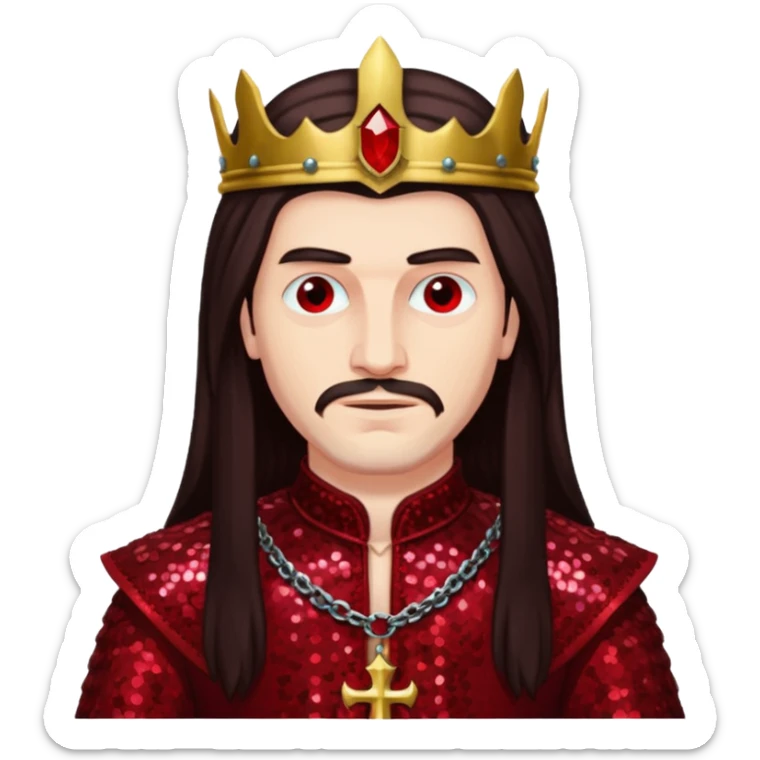 Vlad Tepes with long dark brown hair, dark red sequin outfit sticker