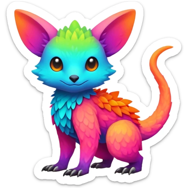 lush warm-colored colorful neon-colored Fakémon-Trico-creature (full body) sticker