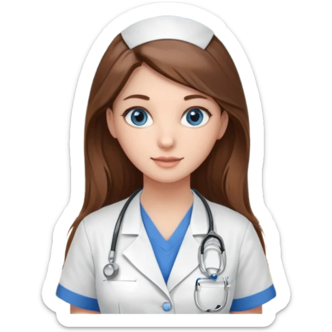 university classroom that says nursing school on the board with a pretty female nursing student with long brown hair, blue eyes sticker