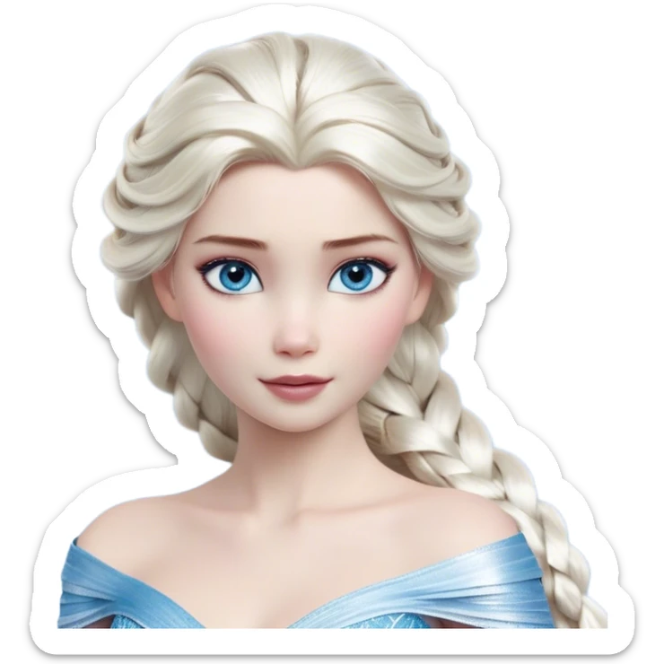 Cinematic Realistic Elsa Portrait, depicted with lifelike skin texture, soft natural lighting, and intricately detailed platinum blonde hair styled elegantly. Her striking, expressive blue eyes exude confidence and grace, complemented by a serene and regal expression. She is dressed in her signature icy attire, with shimmering fabric textures and delicate folds that catch the light beautifully. The portrait features a soft, enchanting glow with a cool, radiant finish, capturing the essence of timeless elegance in a realistic and painterly style, evoking a sense of depth and authenticity. sticker