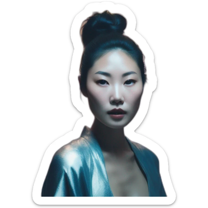asian woman david bellemere, bathed in shadows, fov 90 degrees, short lighting, cold colors, gilded technique, extremely hyper aesthetic sticker