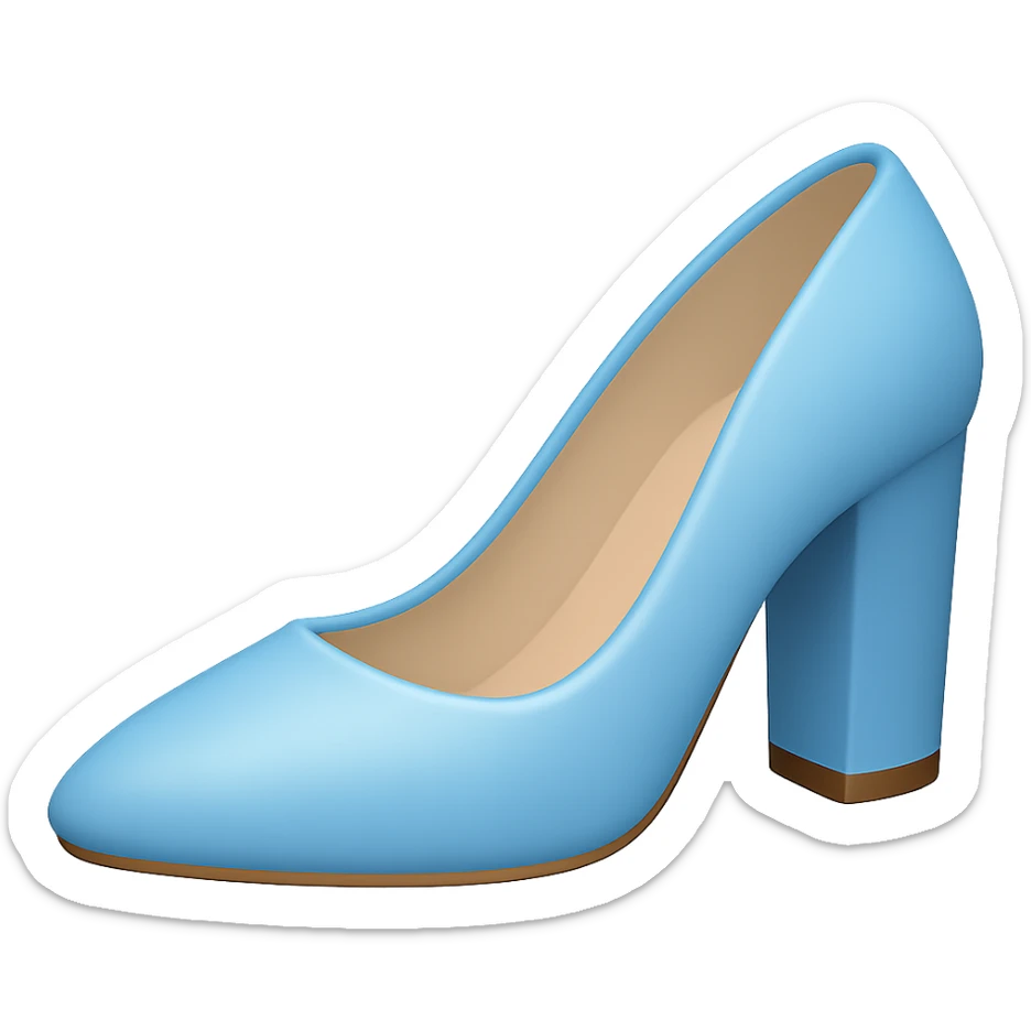 Edit the image to depict a light blue women's shoe with a slightly flatter and very thick heel in the style of Apple emojis. The background should be transparent. sticker