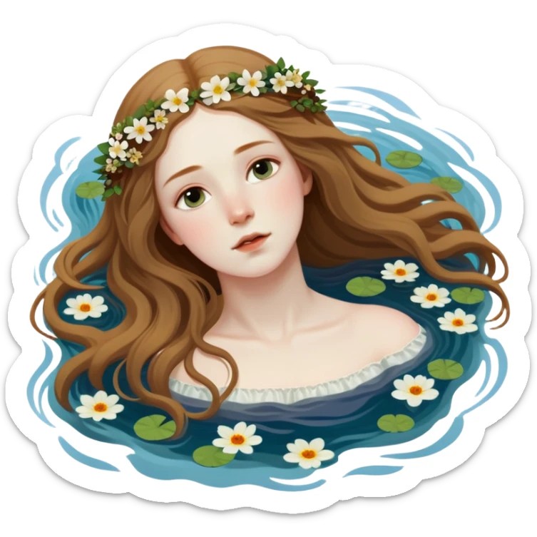 Ophelia floating in water surrounded by flowers, based on the famous painting by John Everett Millais sticker