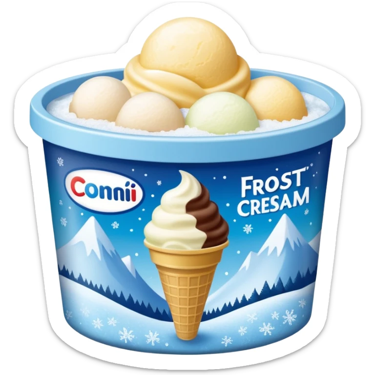 A creamy ice cream tub with a minimalist printed label showing flavor name and brand logo, sitting inside a store freezer. The lid and sides of the container have small frost crystals and condensation. Realistic photography style with soft lighting and a cool-toned background. sticker