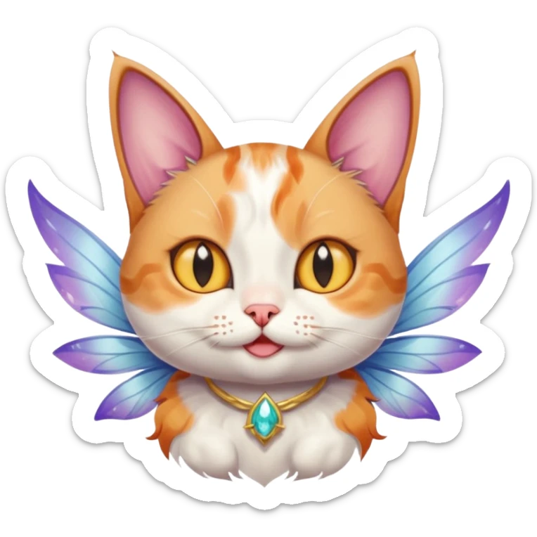A cat with fairy wings, floating mid-air with a mischievous smirk, portrait, bust up sticker