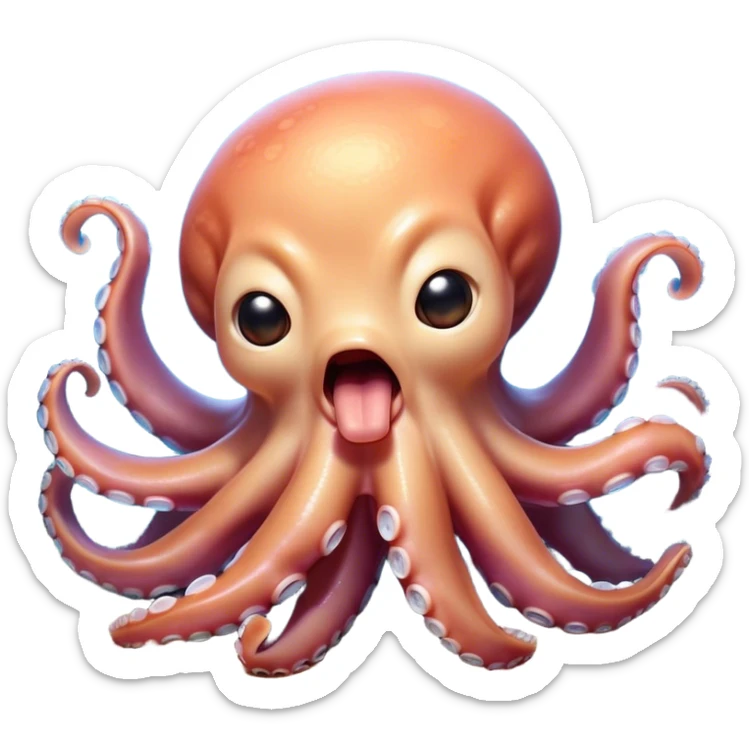 Cinematic Cute Yawning Octopus Portrait Emoji, Head tilted slightly with a dramatic, wide-open yawn, showcasing a bulbous, softly undulating body with loosely draped arms and sleepy, half-closed eyes, Simplified yet irresistibly adorable features, highly detailed, glowing with a soft, cozy underwater glow, high shine, relaxed yet expressive, stylized with a hint of whimsical aquatic charm, soft glowing outline, capturing the essence of a drowsy yet affectionate octopus that appears ready to stretch and yawn its way out of the screen! sticker