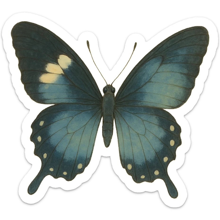 realistic whimsical black, blue and cream butterfly, natural colors, soft, fairy-like atmosphere, no background, square size sticker