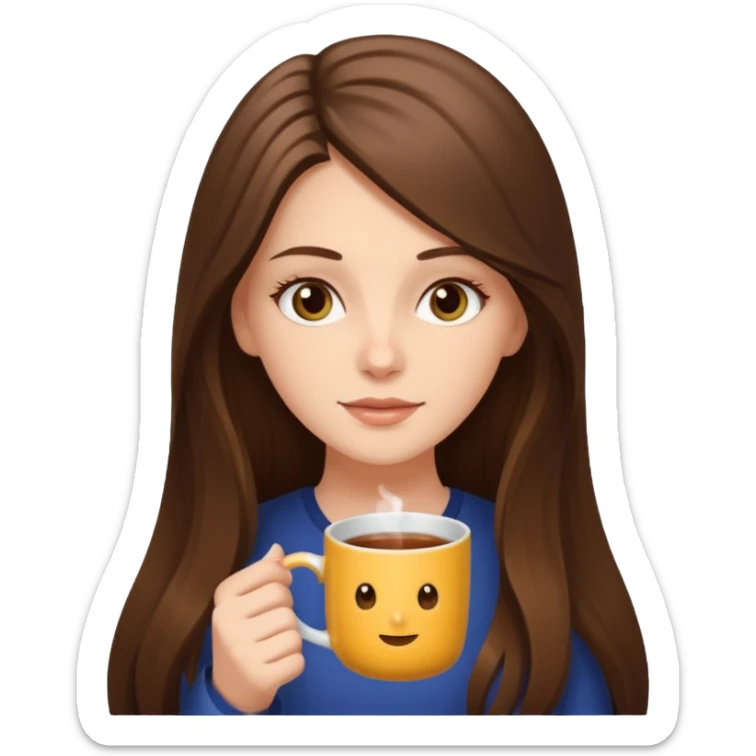  white long brunette hair girl with hazel eyes reading with a mug sticker