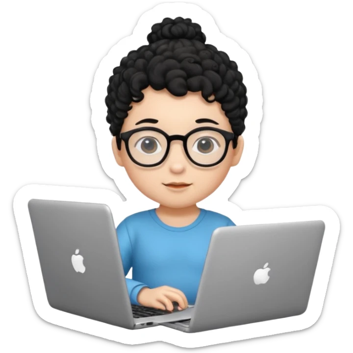 A baby DEVELOPER WITH A laptop, black curly hair and topknot, wearing glasses sticker
