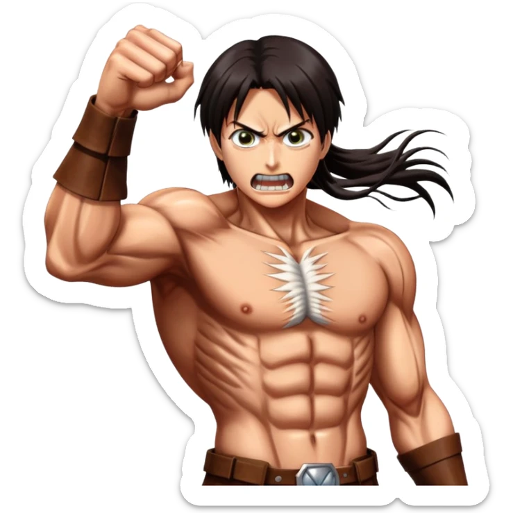 Eren's Attack Titan form from Attack on Titan, muscular with long dark hair and exposed teeth sticker