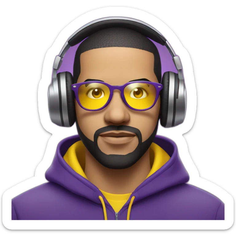 drake in purple hoodie and shiny yellow rectangular glasses wearing purple headphones sticker