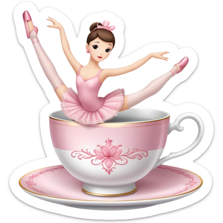 Elegant china tea cup with saucer wearing pink ballet slippers and performing an arabesque sticker