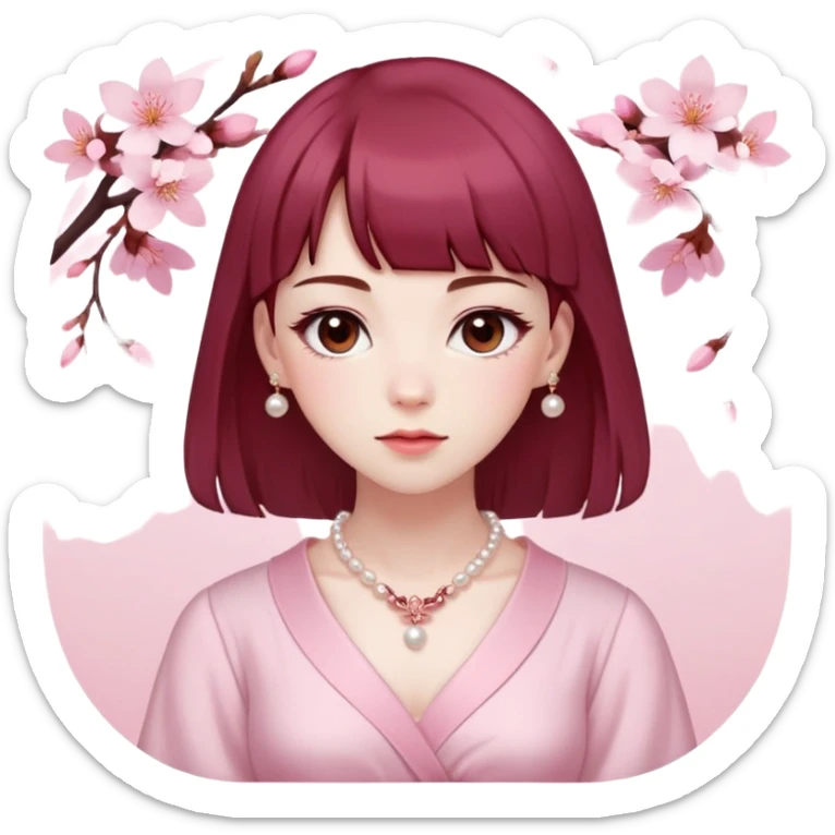 woman with pale skin, soft pink blushed cheeks, brown eyes, skinny eyebrows, dark red hair with bangs, hair is long under her shoulders, a sakura hairpin in one side, pearl necklace, makeup with light pink colours in douyin style, white shirt under a pink dress sticker