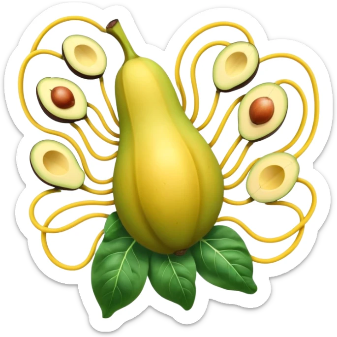 Golden banana, avocado, potatoes and spinach floating around a glowing nervous system and heart. Electrical waves connect these potassium-rich foods to nerves, heart and muscles, showing how potassium supports electrical stability and fluid movement in the body. sticker