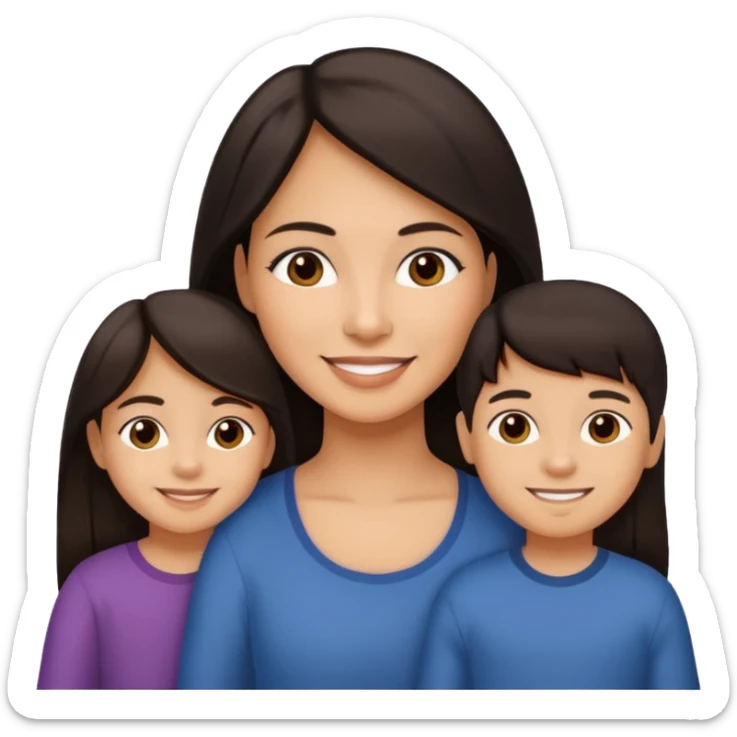 Hispanic mom with medium skin tone matching her children, long straight dark hair, no extra people sticker