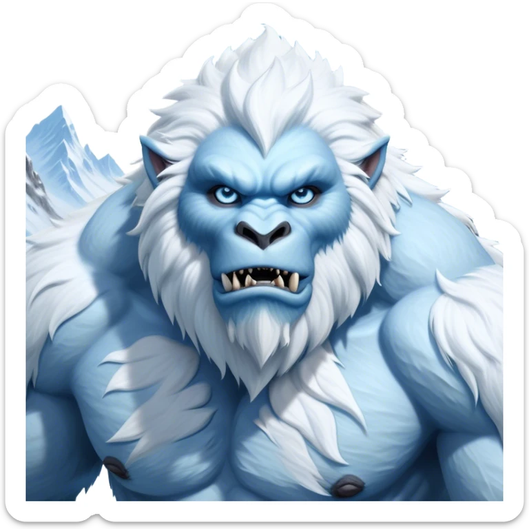 Cinematic Realistic WoW Yeti Portrait, depicted as a majestic, colossal creature of the frozen wilds, with thick, shaggy fur in pristine icy white and subtle pale blue highlights. His powerful, muscular frame and piercing ice-blue eyes exude ancient wisdom and raw strength. Rendered with lifelike texture and natural frosty lighting, high shine, noble and imposing, capturing the essence of a legendary yeti guardian. sticker
