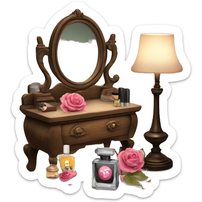 Old wood vanity with vintage makeup and perfume and dead roses in a vase  sticker