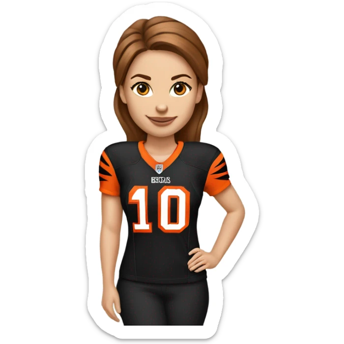 Caucasian ￼women with brown hair wearing a Cincinnati bengals jersey sticker
