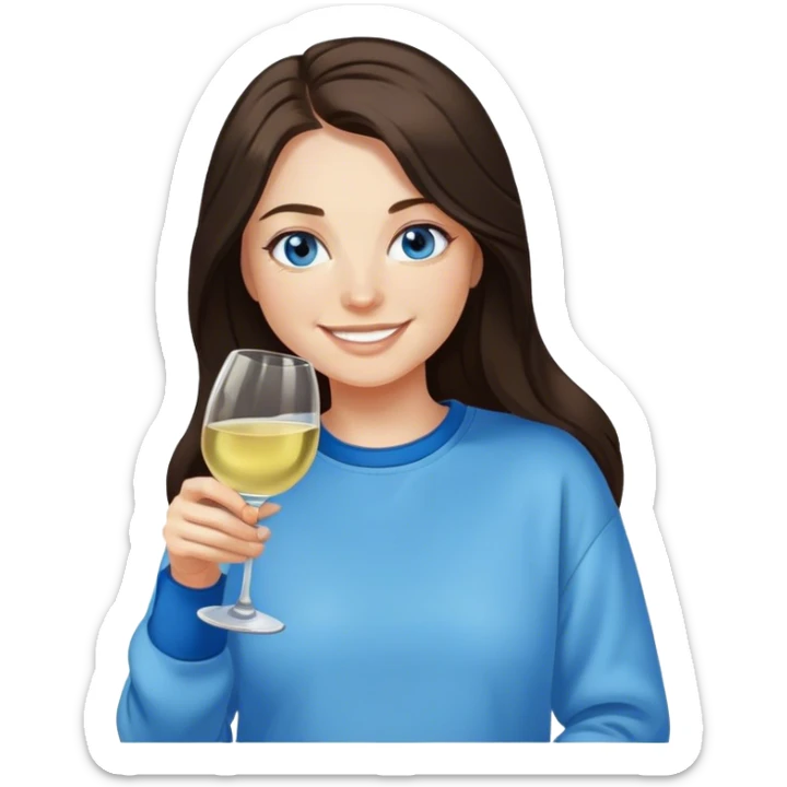Dark brown long hair fair woman blue eyes drinking white wine in sweatshirt smiling sticker