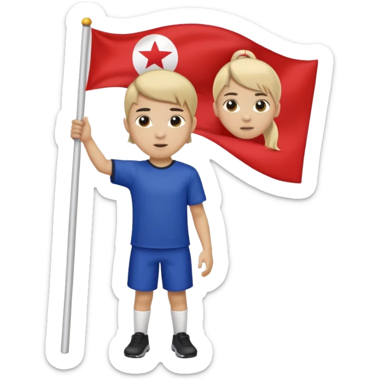 A pony tail hair boy holding a big team flag, waving it proudly with a determined expression. sticker