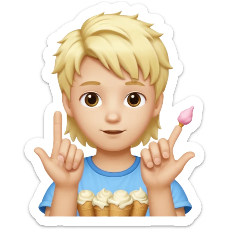 A kid with blonde icecream hair with two hands that has 6 on the left hand and 7 on the right hand sticker