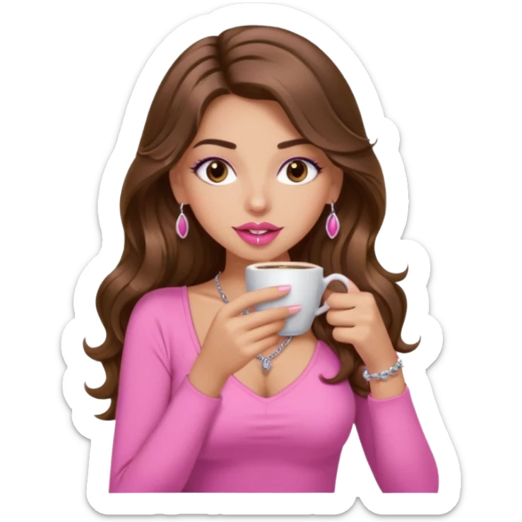 girl with long wavy brown hair, brown eyes, light to medium complexion, in a pink sexy top, pink lips, long lashes sipping coffee sticker