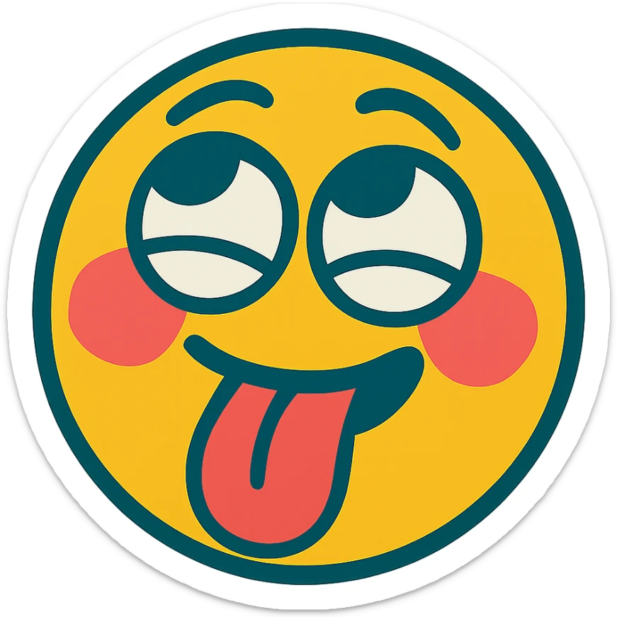 blushing face with eyes rolled up and tongue out, playful expression, vibrant toon style sticker