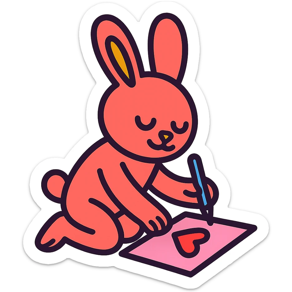 coral bunny kneeling while writing a love letter, vibrant-toon style sticker