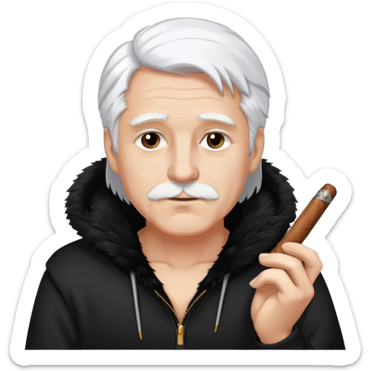 guy with white hair, black fur hoddie and a ciggarrete sticker