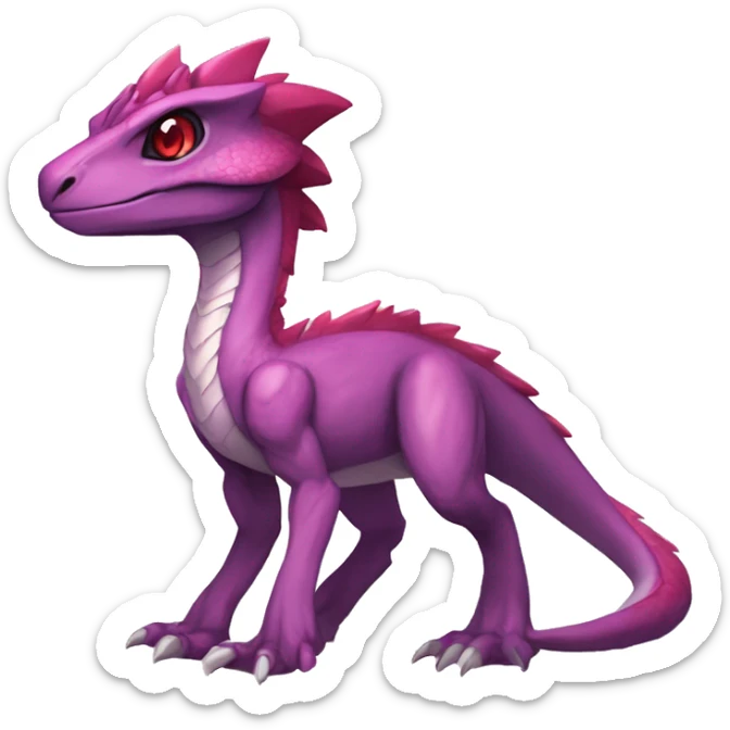 Chibi-Anthro Mauve-maroon-red-colored edgy anthro-genesect-velociraptor-scalie-sona-Fakémon-hybrid with a purple-pink mane on head and back and horns full body sticker