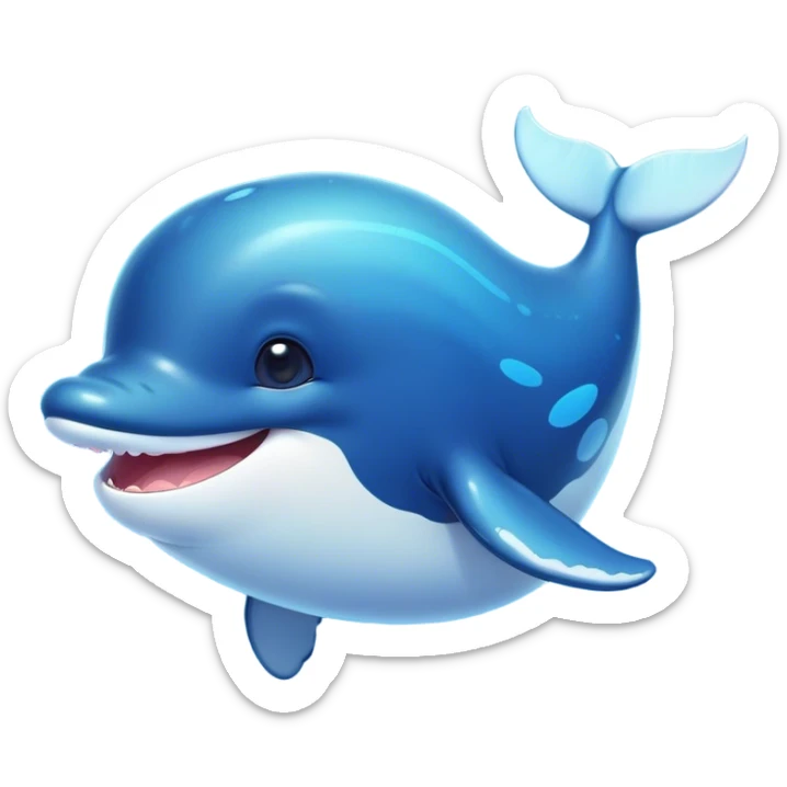 Cinematic Cute Humpback Whale Portrait Emoji, Head tilted playfully and inquisitively, featuring a softly rounded body with bright, sparkling eyes and an adorably expressive mouth, Simplified yet irresistibly adorable features, highly detailed, glowing with a warm, ocean-blue glow, high shine, affectionate and gentle, stylized with a touch of whimsical aquatic charm, soft glowing outline, capturing the essence of a friendly and endearing whale that seems as if it could sing its way into your heart! sticker