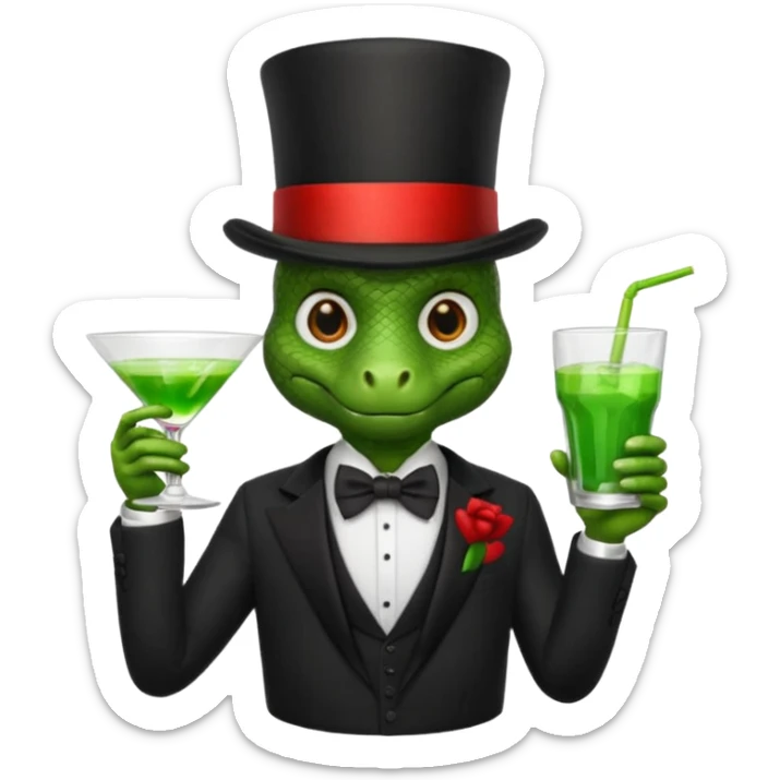 snake wearing suit, bowtie and top hat, holding a glass of green drink sticker