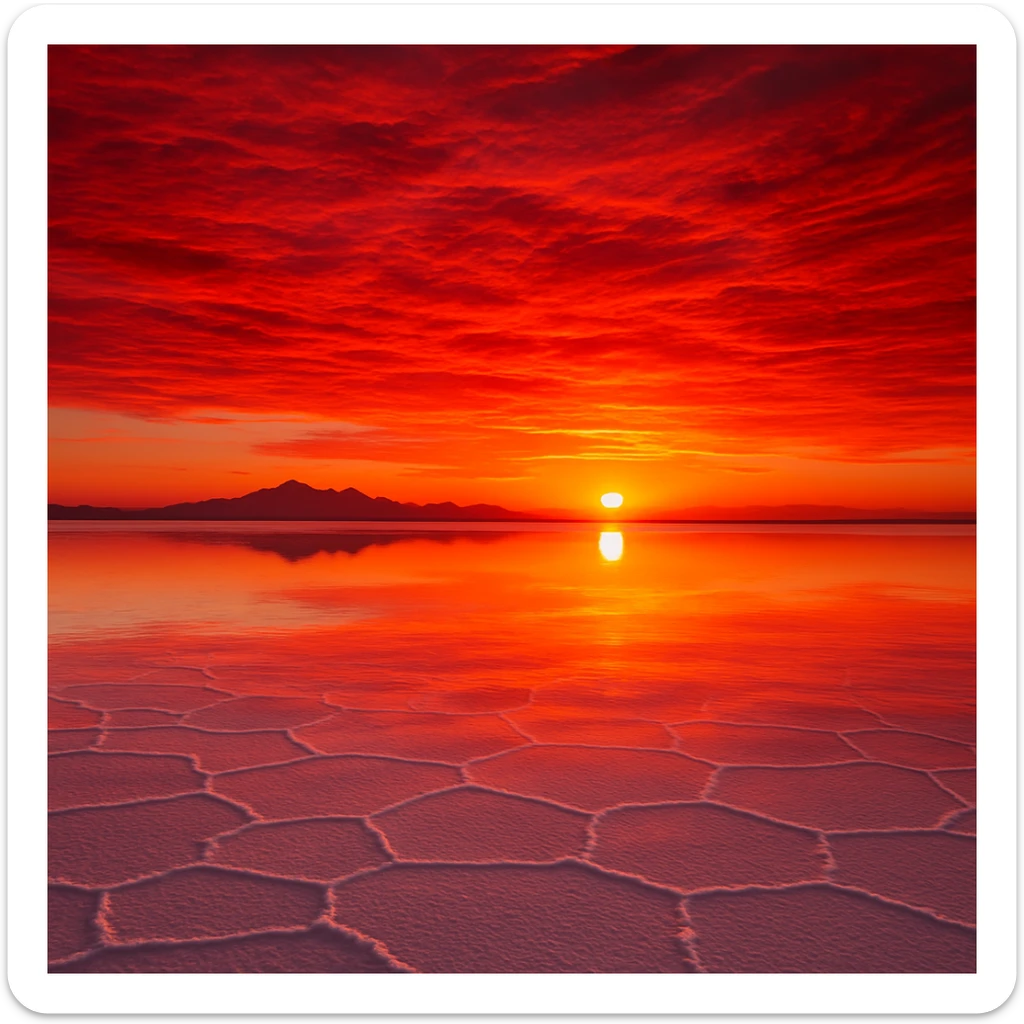 sunset over the Uyuni salt flats, red sky and salt plains, reflected sunset, calm and beautiful atmosphere sticker