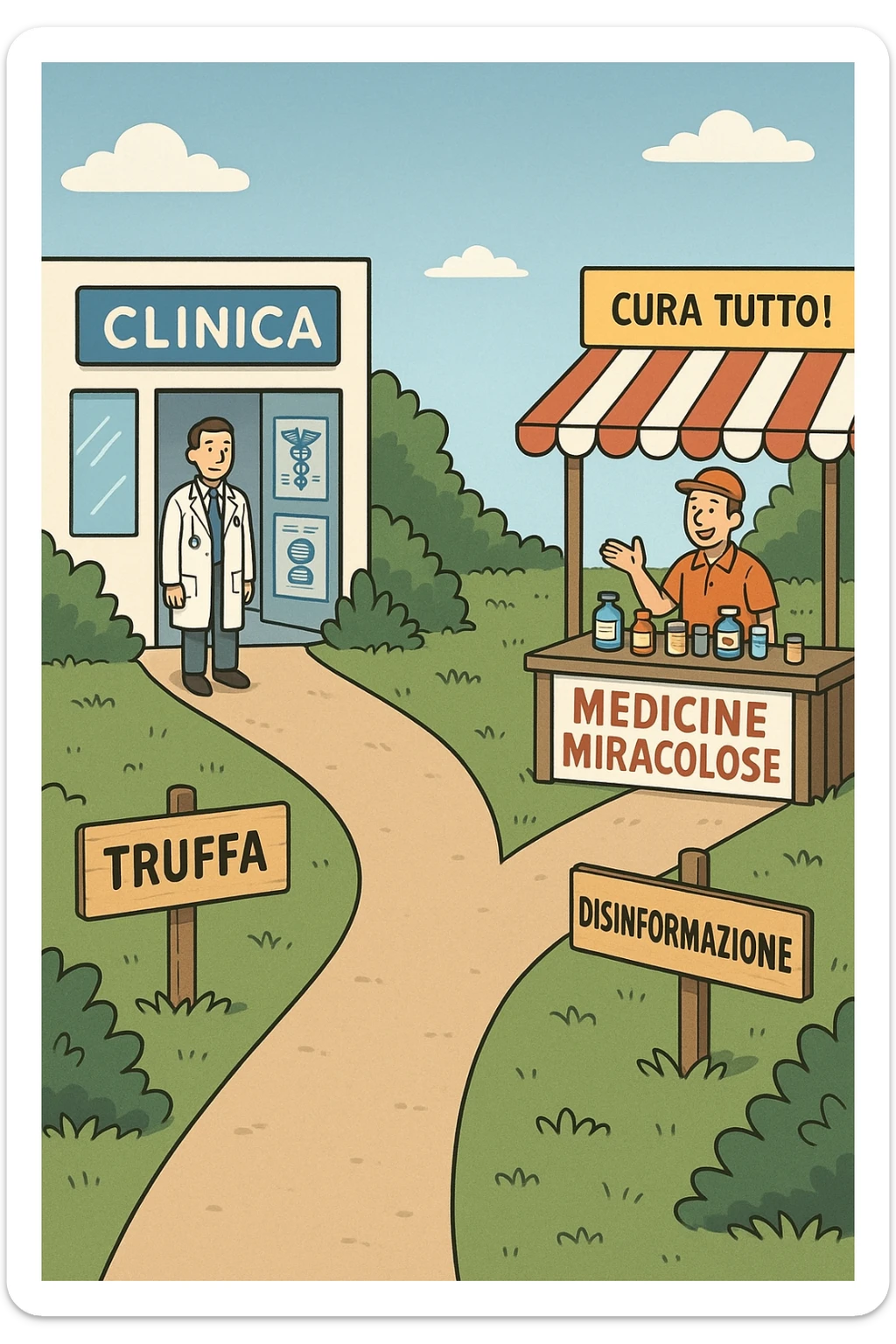two paths diverge—one leads to a trustworthy clinic with doctors and scientific posters, the other to a shady stand selling “miracle” medicines with exaggerated claims. Signs along the second path warn of scams and misinformation. The scene encourages viewers to choose reliable, science-based healthcare. in italiano sticker
