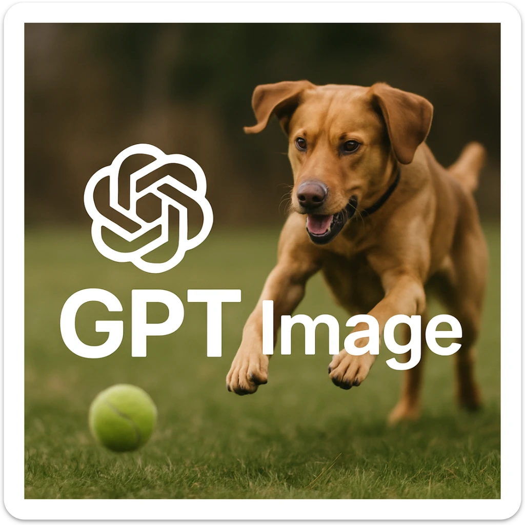  logo of chat gpt with text "GPT Image" on the background of a dog chasing ball, realistic image sticker