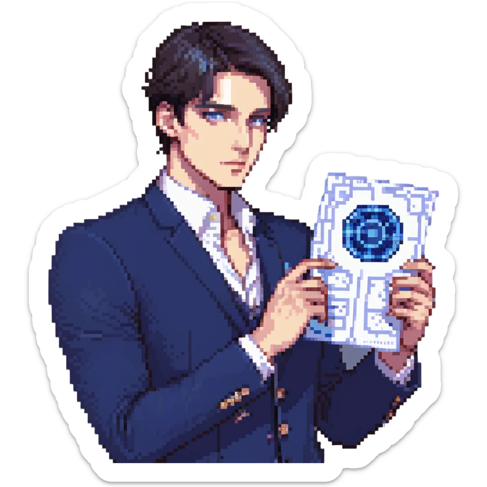 Flat pixel art, focused and confident male strategist, fair skin, short sleek dark hair, intense sharp eyes, wearing a deep indigo suit jacket over a crisp white shirt, holding a futuristic holographic blueprint in one hand, other hand thoughtfully touching chin, waist-up, front-facing sticker