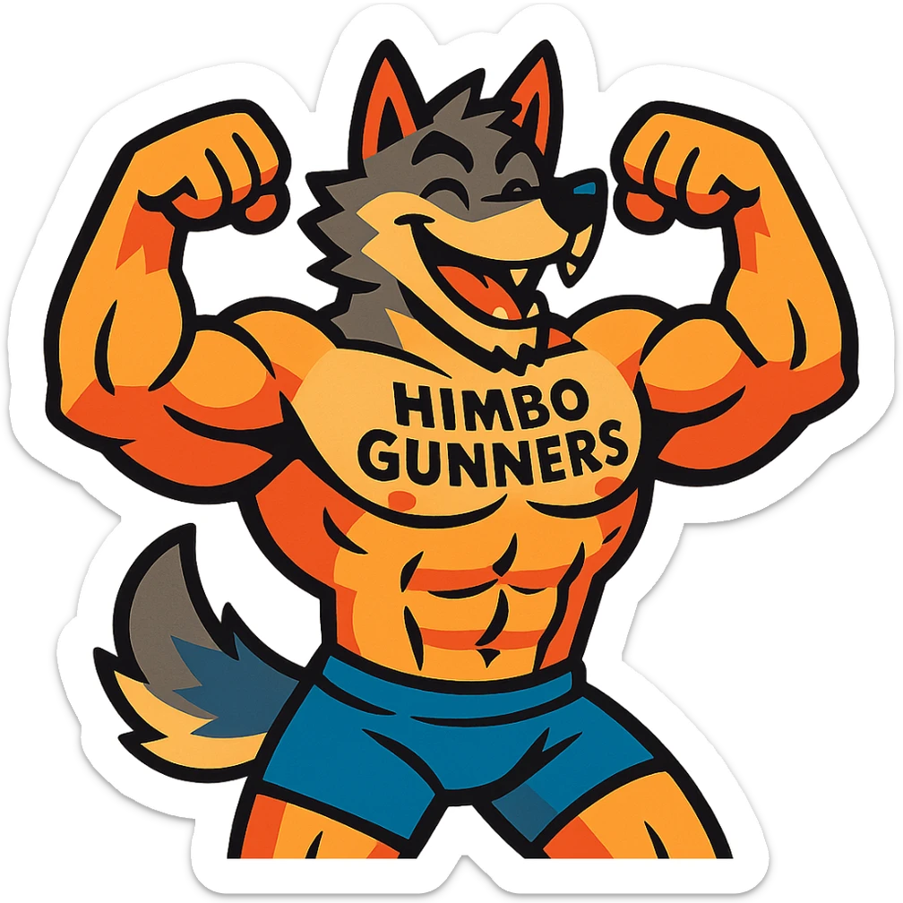 very muscular wolf furry, shirtless, 'Himbo Gunners' tattooed on chest, flexing pose, energetic and playful sticker