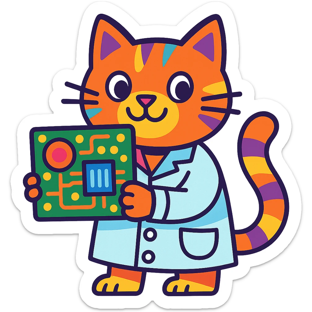playful and colorful cat in a lab coat holding a circuit board sticker