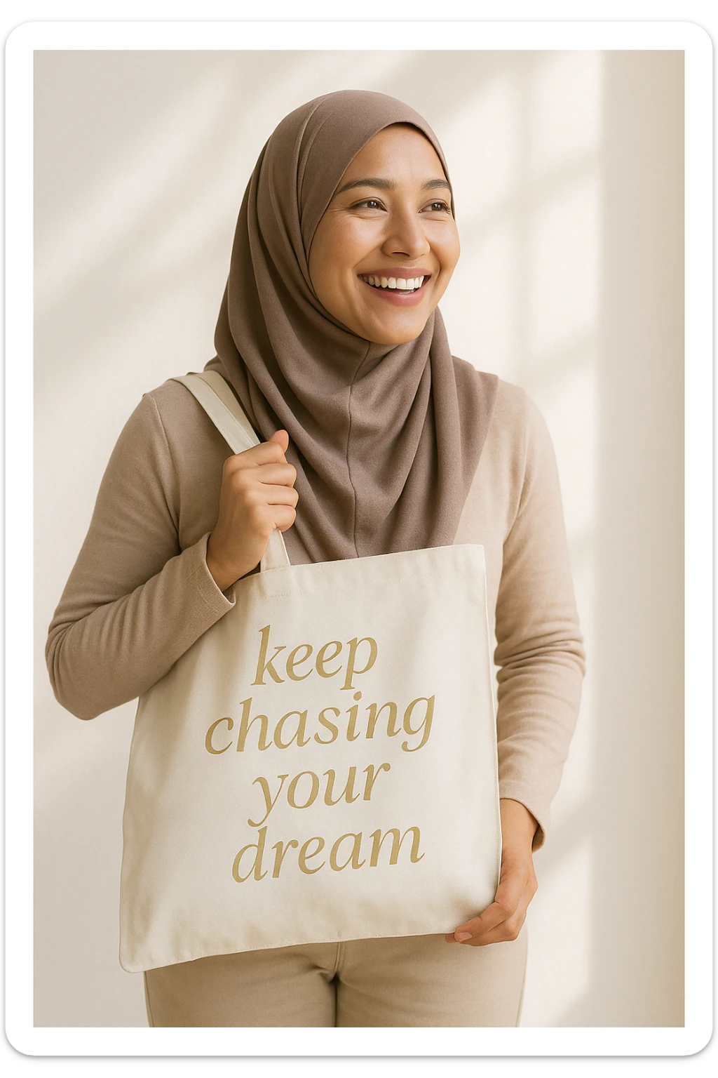A smiling hijabi woman with a tote bag, the bag displays 'keep chasing your dream' in elegant soft gold lettering. The scene is positive and inspiring. sticker