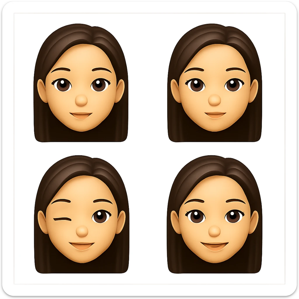 Convert the girl in the image into a set of Apple style emojis with transparent background, focusing only on the face and simple expressions. Apple style emojis do not support text, so keep the expressions concise and clear. sticker