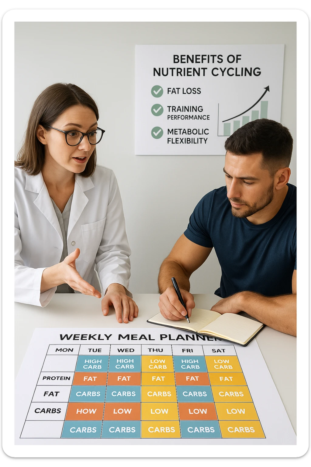 a nutritionist explains to an athlete how to cycle macronutrients for fat loss and training. On the desk, a weekly meal planner shows alternating high-carb and low-carb days, with color-coded sections for proteine, grassi, and carbo. The athlete takes notes, and a chart in the background illustrates the benefits of nutrient cycling. The mood is professional and educational. scritto in italiano sticker