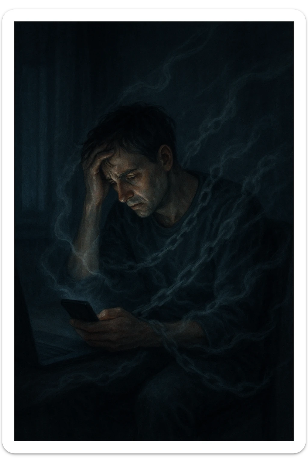 a man sits alone in a dimly lit room at night, illuminated only by the glow of a computer or phone screen. His posture is slouched, and his expression is tired and troubled. Around him, faint, ghostly chains or shadows subtly wrap around his body, symbolizing addiction and emotional distress. The background is blurred, emphasizing isolation and discomfort. in italiano sticker