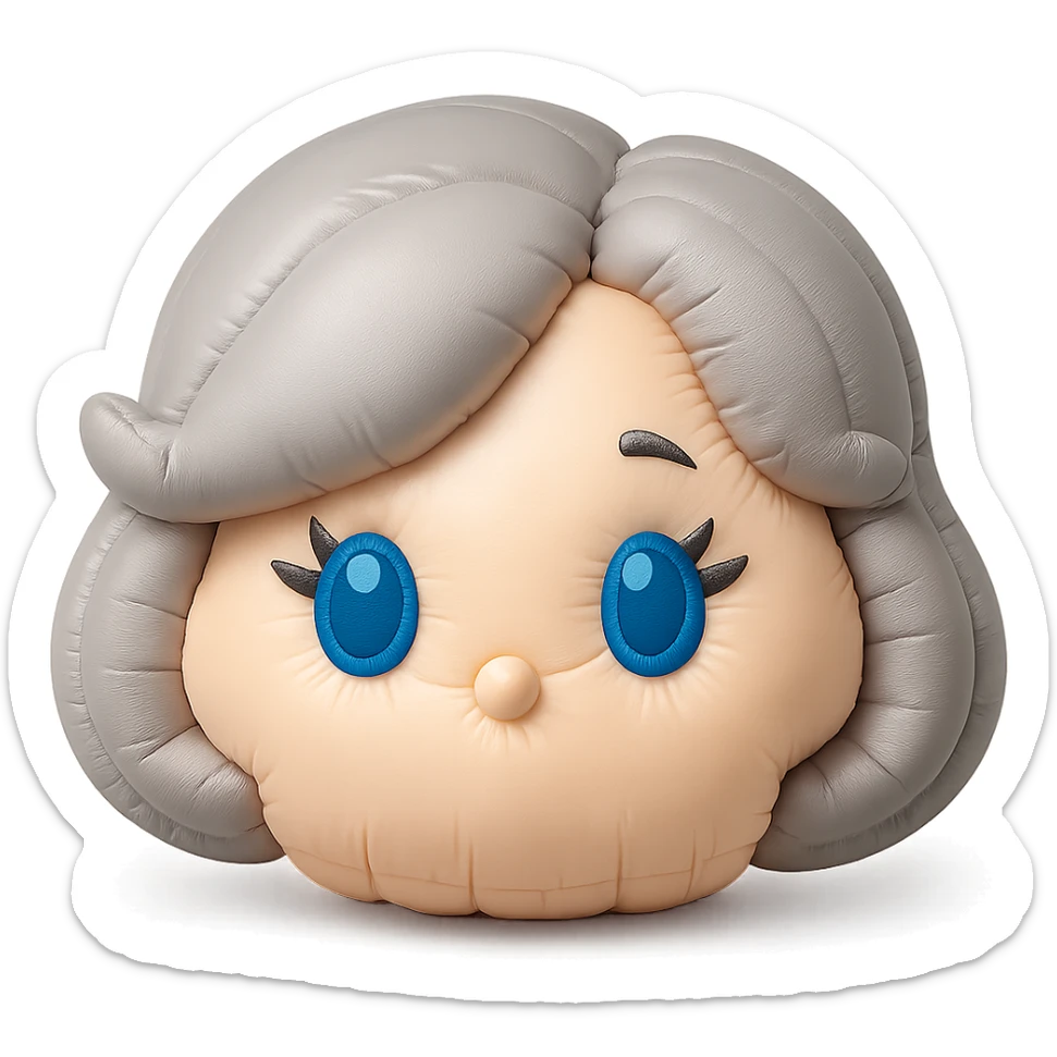 Add cute, plush-style eyelashes to the eyes, keep pure silver grey hair, blue eyes, 1940s bob hairstyle, no body, no mouth, no white border, transparent background in cushion style. sticker